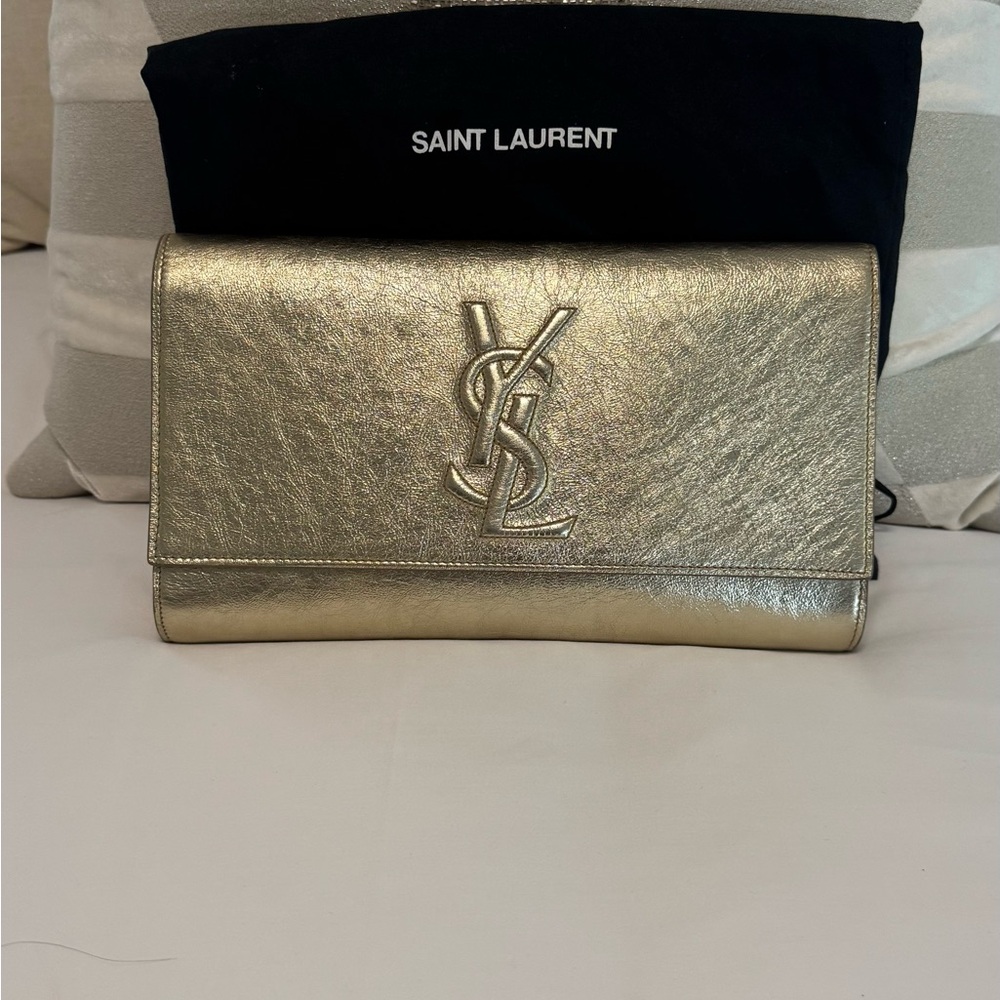 Saint Laurent Gold Metallic YSL large De Jour Clutch